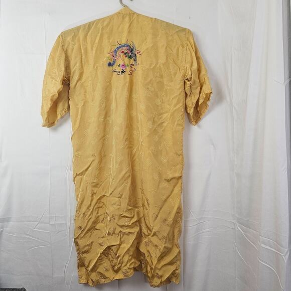 Vintage Golden Bee Chinese Yellow Embroidered Floral Satin Rayon Robe Kimono - Picture 7 of 11
